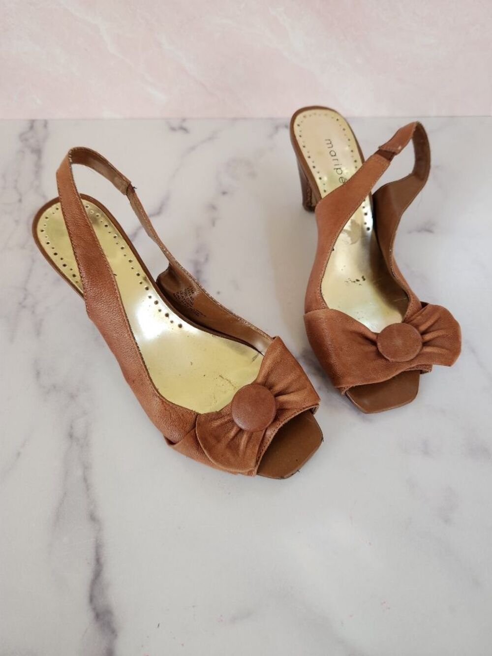 Maripe womens 7.5 leather medium brown high heel bow peep toe slingback block he